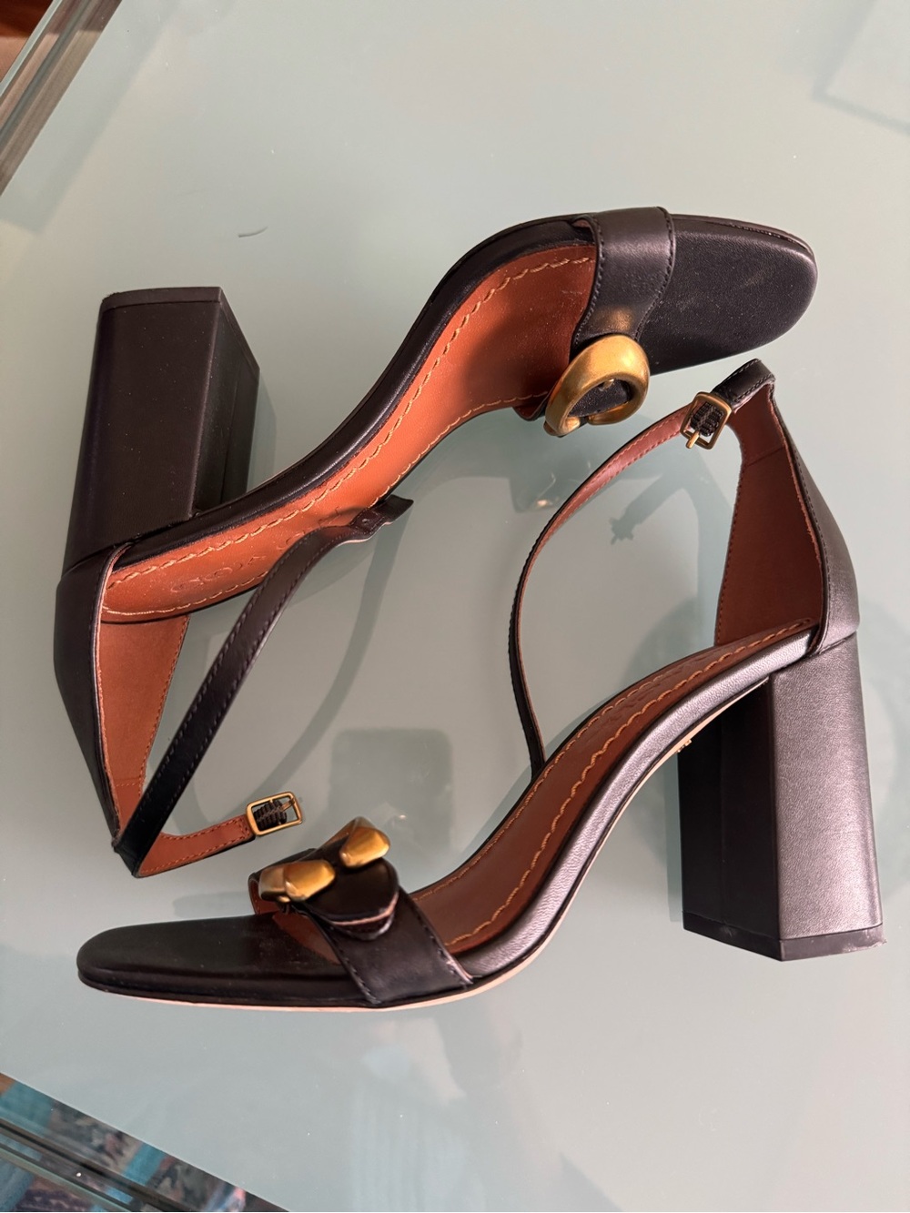 Coach Black Leather Block Heel Sandals with Gold Buckle - Picture 4 of 5